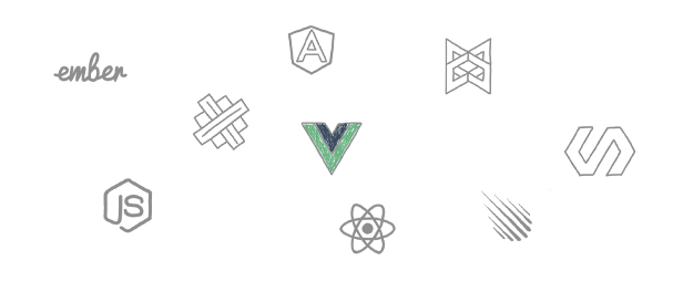 gezeichnete Logos verschiedener JavaScrip-Frameworks und -Bibiliotheken. Vue.js ist als einziges farbig